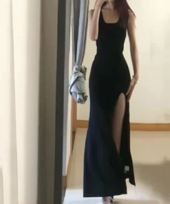 Sexy Spaghetti Strap High Split Bodycon Long Black Prom Dress