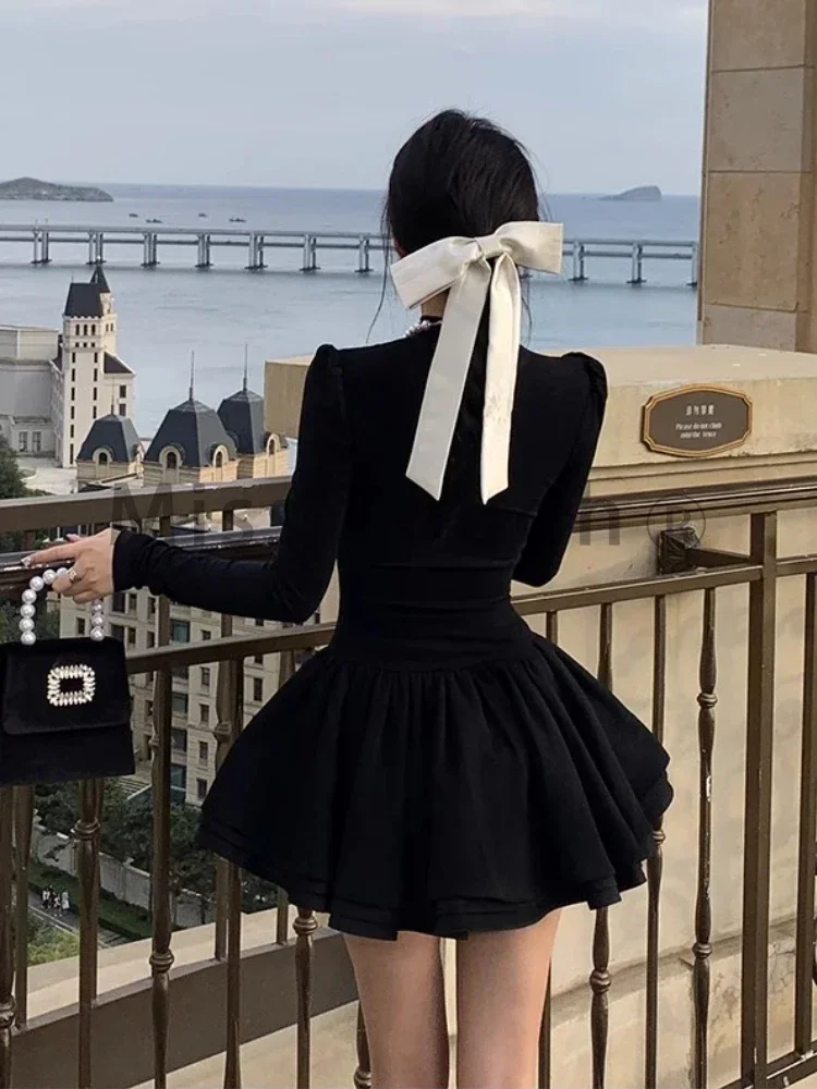 Winter Hepburn Mini Patchwork Slim Korean Style Black Prom Dress - Image 6