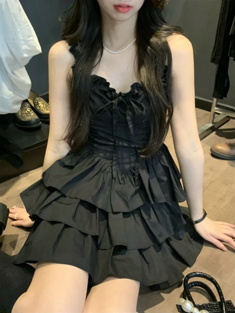 French Style Ruffle A-line Mini Spaghetti Strap Black Prom Dress - Image 7