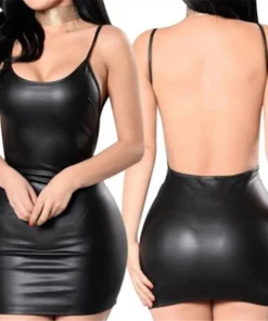 Sexy Faux Leather Backless Bodycon Mini Black Prom Dress